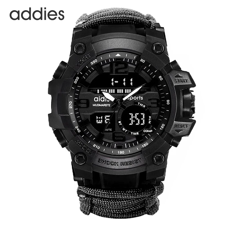 Black Спортивные мужские часы 50 м, компас, многофункциональные военные наручные часы с ЖК-дисплеем, цифровой секундомер, резиновые водонепроницаемые светящиеся наручные часы - Цвет: Black