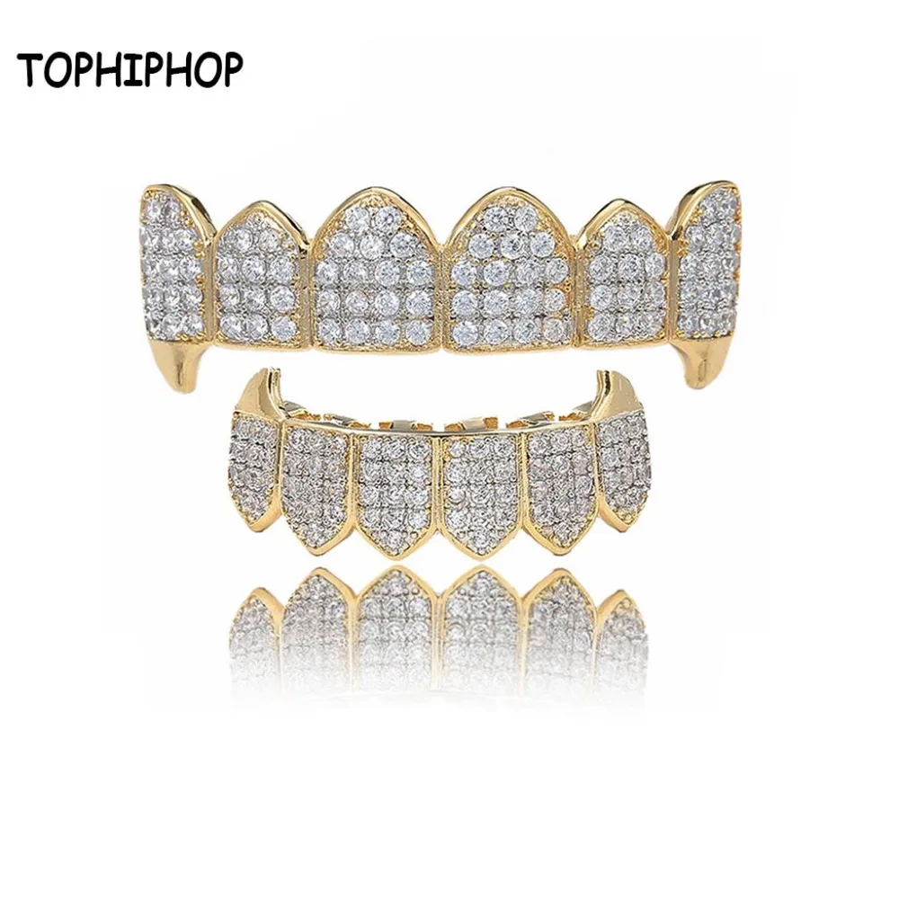 TOPHIPHOP Hip Hop Grill With Zircon Top and Bottom Teeth Diamond Sparkling Golden Silver Vampire Teeth Unisex