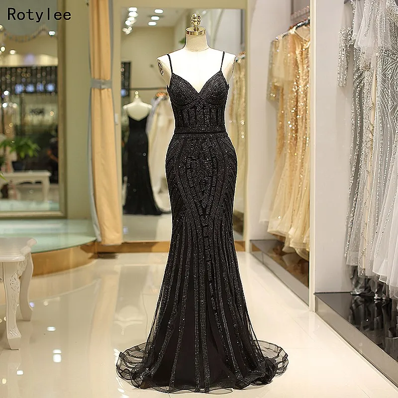 Черный/золотой Тюль Русалка Выпускные платья с тяжелые бусины Длинные Вечерние