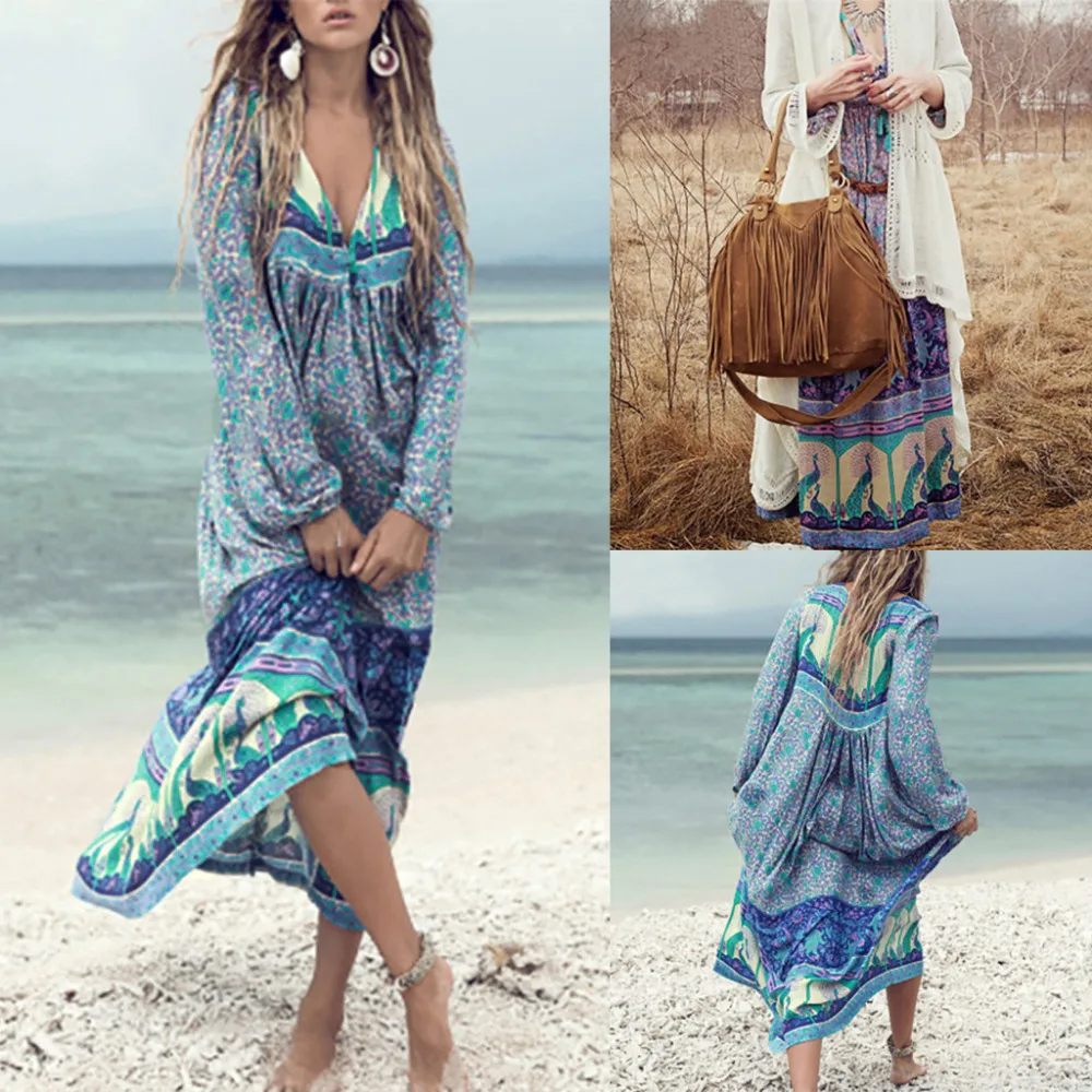 Летнее пляжный отдых платье пикантные Для женщин Длинные рукава Бохо с цветочным