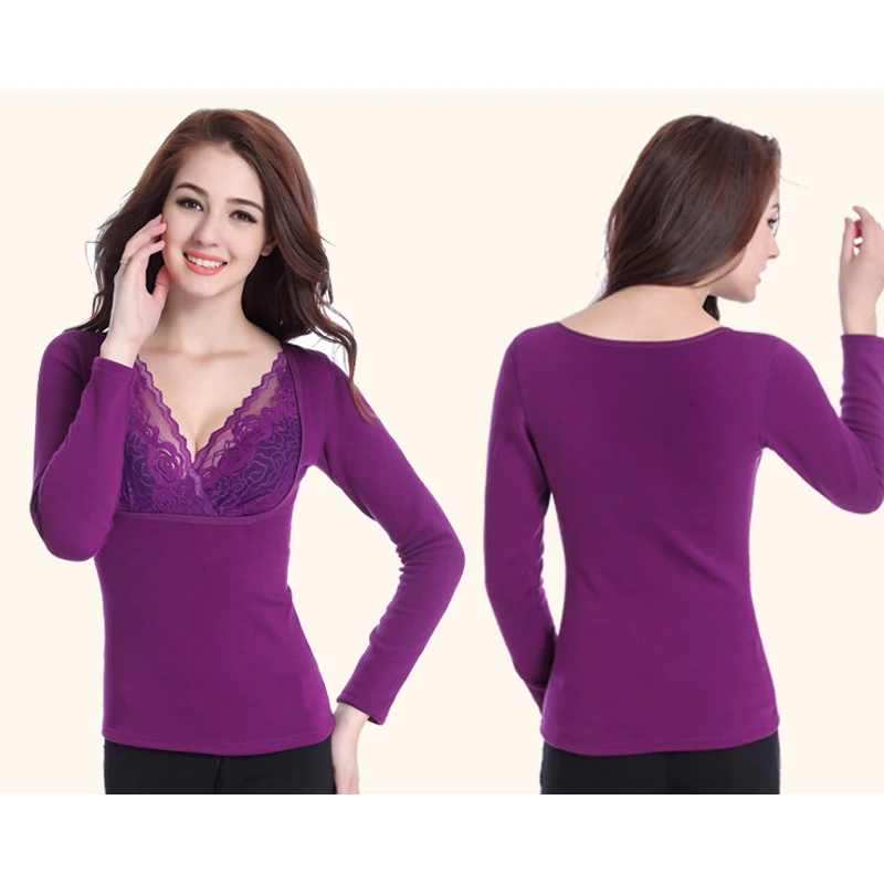 Женщины Термобелье Топы Кружева V-образным Вырезом Толстые Тепловые Одежда
