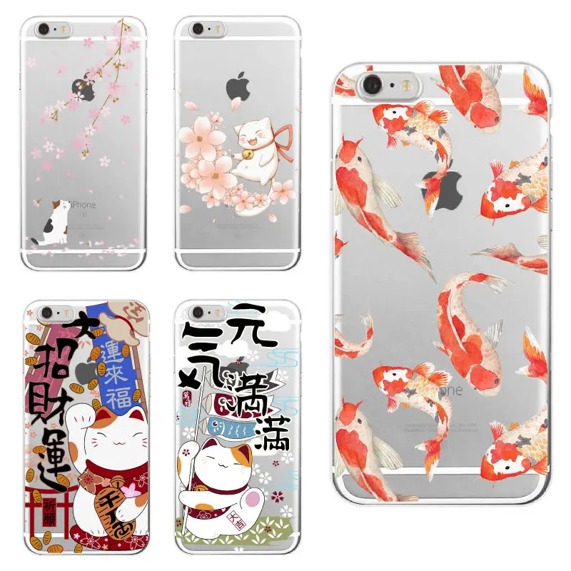 Мягкий прозрачный чехол для телефона iPhone 11 12Pro 5S 6S 7Plus 7 8Plus X XS Max Koi Fish Cherry Blossom Lucky Cat