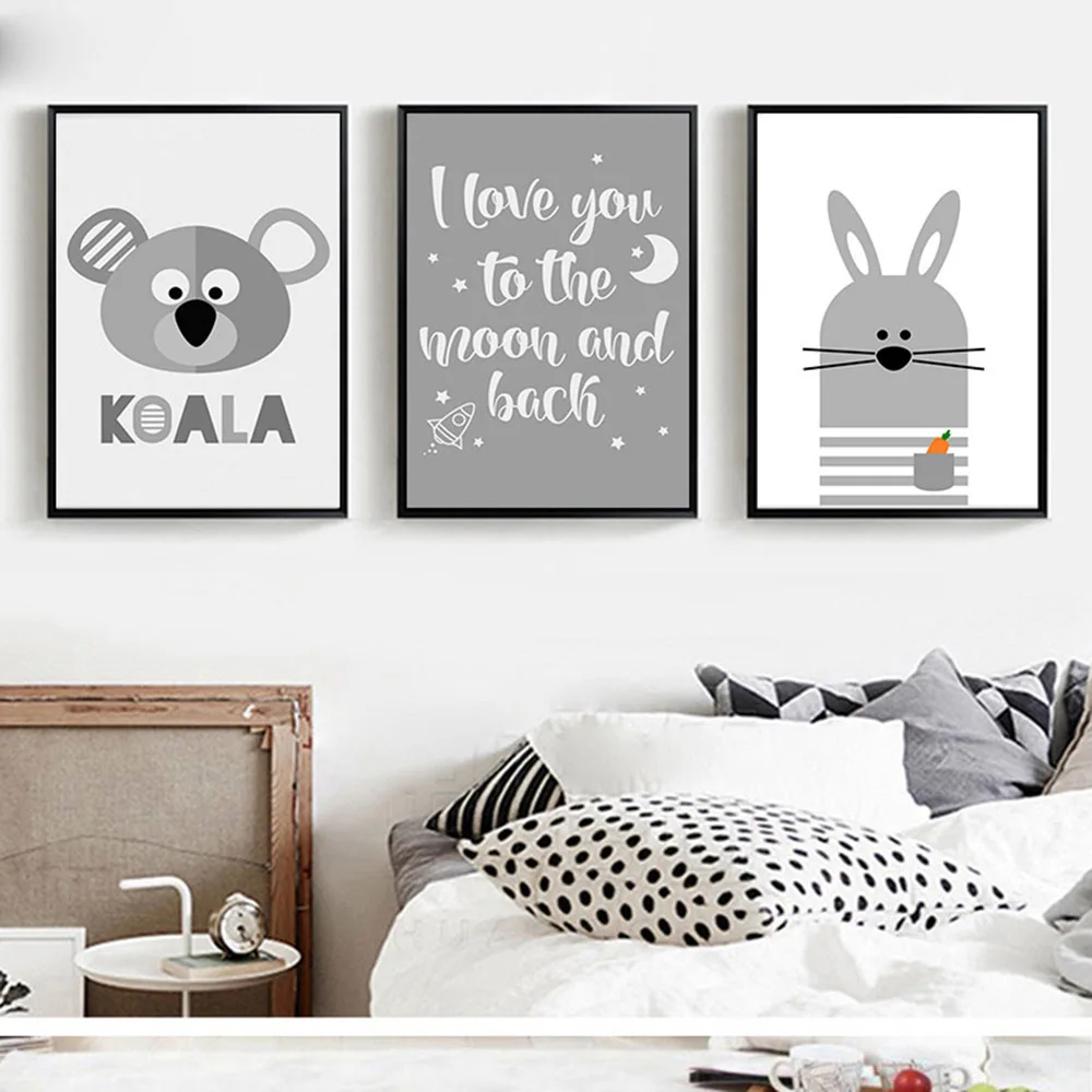 Картина на холсте с минималистичным изображением мультяшных животных - коалы и тюленя, декор для детской комнаты или современного дома.
