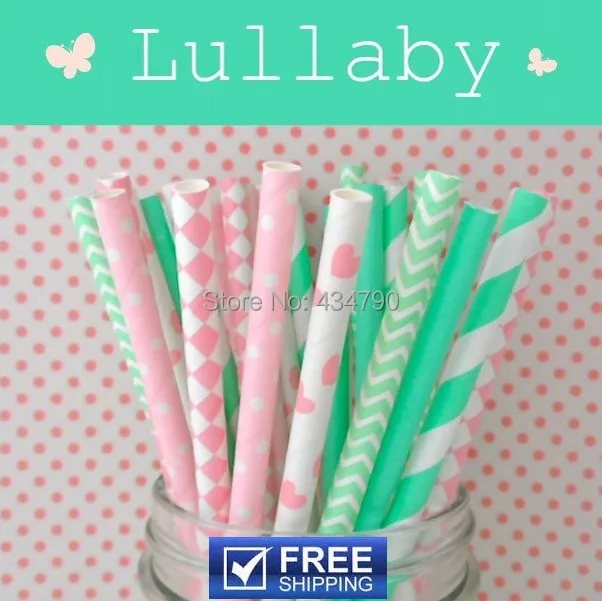 

150pcs Mixed 6 Designs Lullaby Straws, Baby Pink and Mint Striped, Swiss Dot, Chevron, Heart, Diamond Old Fashioned Paper Straws