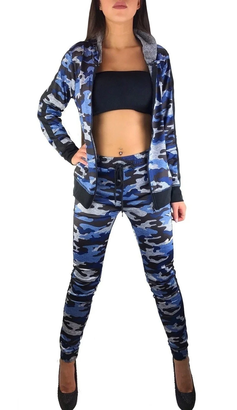 blue-camo ZOGAA Женский комплект из 2 предметов, камуфляжный тренировочный костюм, брюки для фитнеса, куртка, женская одежда, толстовка с капюшоном, топ и штаны, спортивный костюм, женские комплекты - Цвет: blue-camo