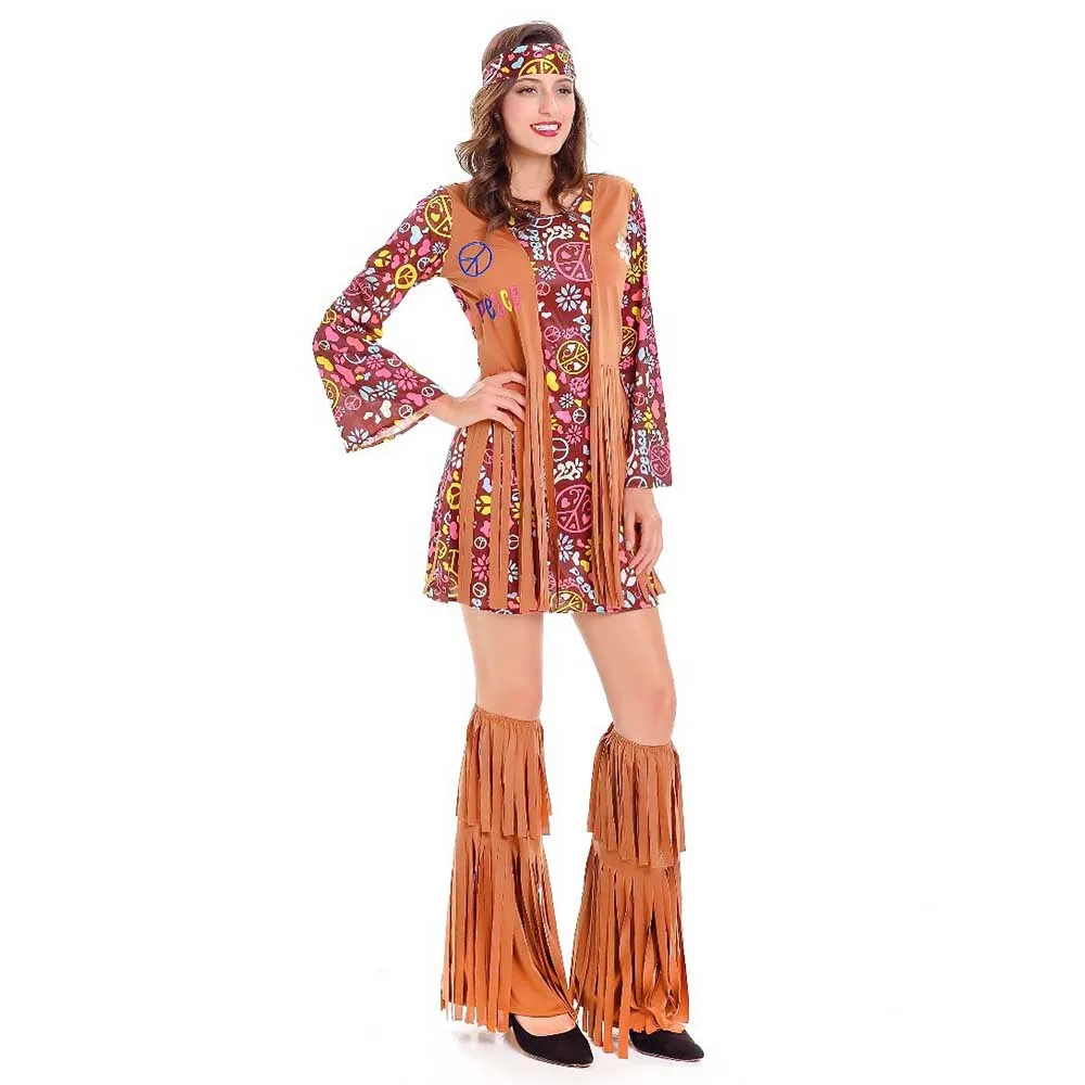 Взрослый 60's Groovy Костюм хиппи цветок силовой наряд в стиле диско дамы 70 s Diva нарядное платье одежда на Хэллоуин, костюмы для женщин