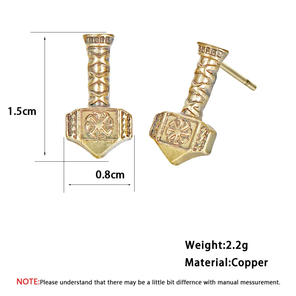 Chereda Thor's Hammer Stud Earrings Antique Silver Amulet Ancient Men Earring Metal Simple Unisex Jewelry | Украшения и