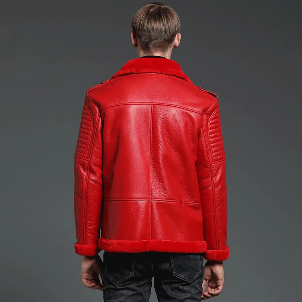 Мужская теплая зимняя куртка из натуральной овечьей кожи красная верхняя одежда