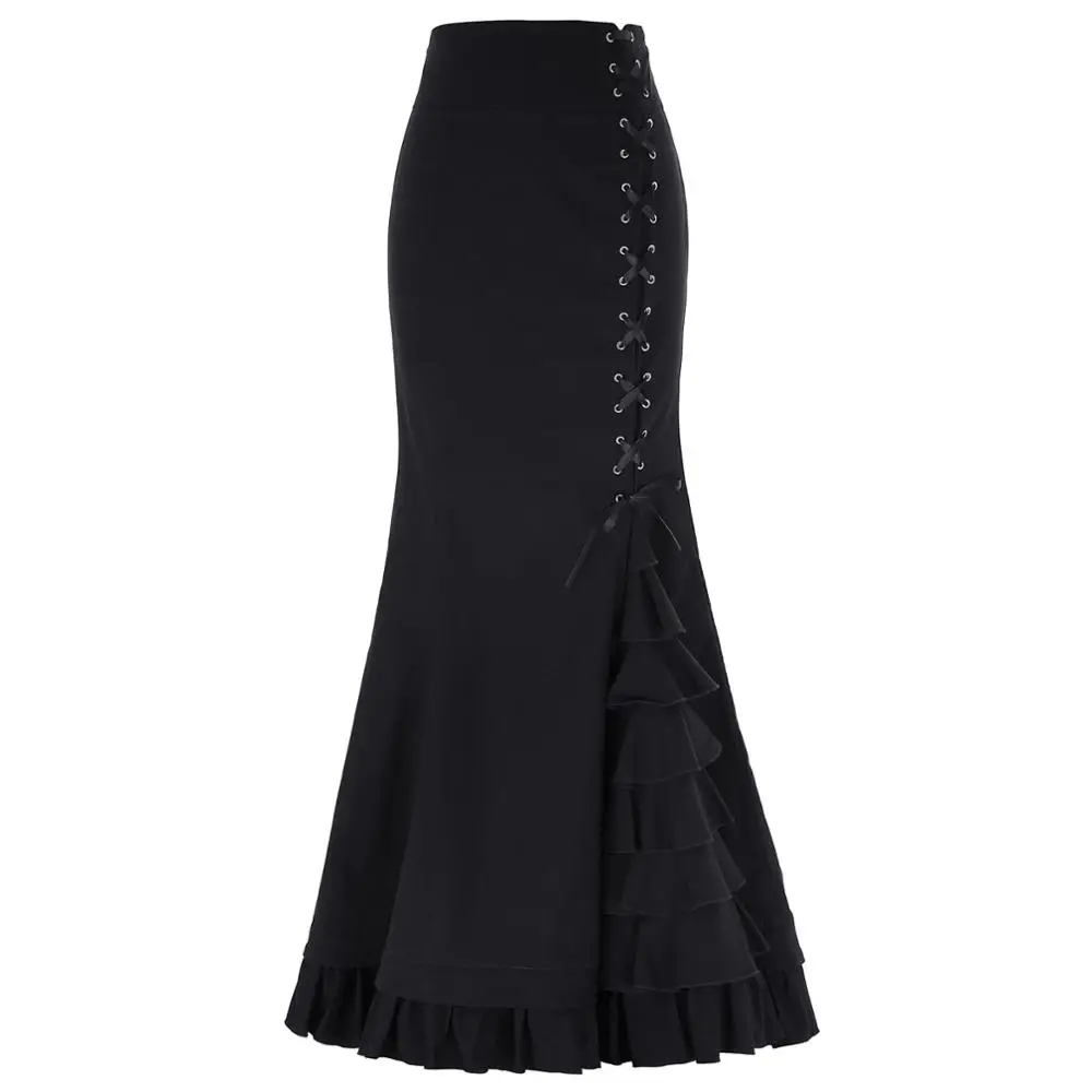 1 Black Skirt Длинные юбки женские элегантные рыбий хвост русалка юбка черный серый Викторианский готический рюшами стимпанк Ретро Винтаж Юбки Макси юбка - Цвет: 1 Black Skirt