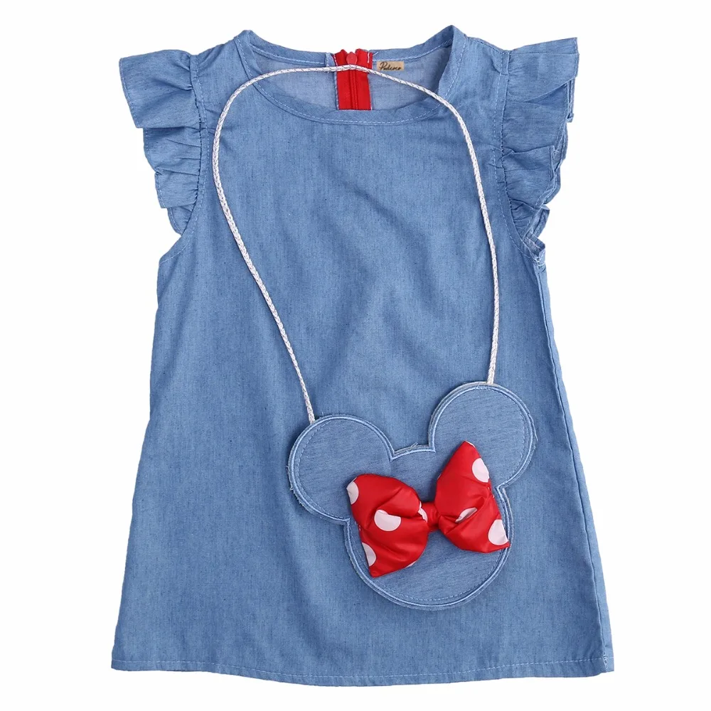 Minnie 2016 Denim Dress Kids Baby Girl Children Girls Party Dresses Sleeveless Clothes with bow bag 1~4 | Детская одежда и обувь