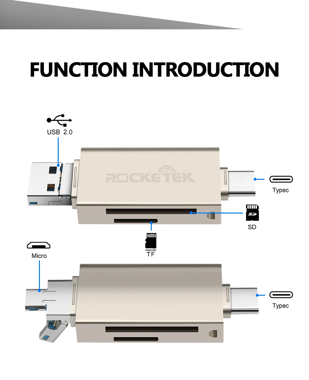 Rocketek usb 2,0 Алюминиевый кардридер для карт памяти OTG type c адаптер кардридер для micro SD/TF microsd ридеры ноутбук компьютер