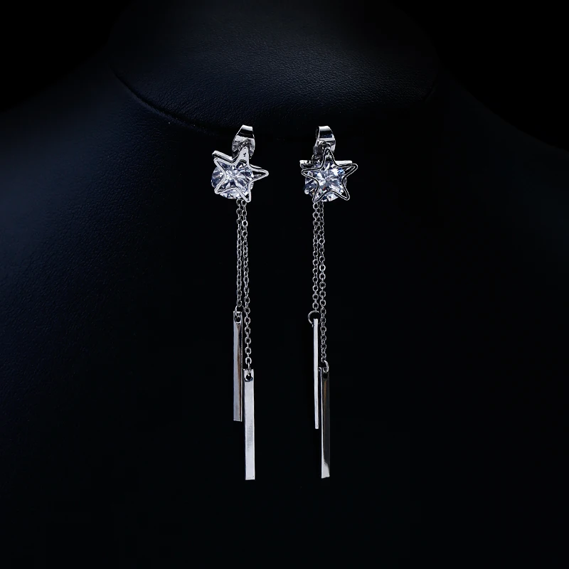 Pendientes Flecos 2018 Korean Elegant Women Long Earring White Zirconia Star Tassel Earrings For Girls Charm Pendant Snake Chain | Украшения