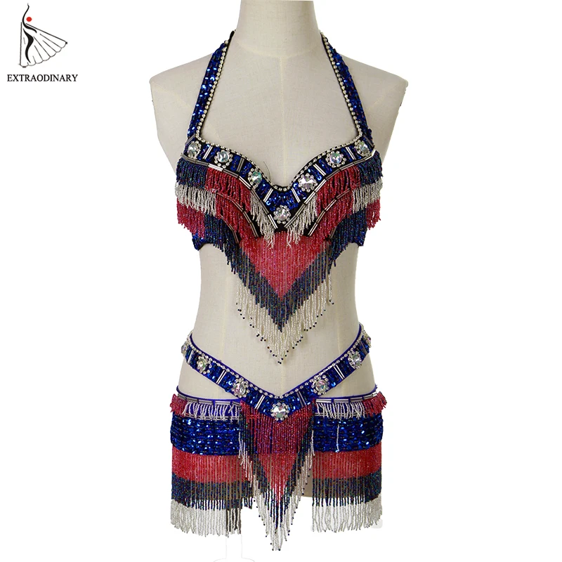 Oriental Women Belly Dance Costumes Set Bra Belt Tassel Beaded Sequined Outfit Clothes Eastern Style Top And Hip Scarf 2pcs |