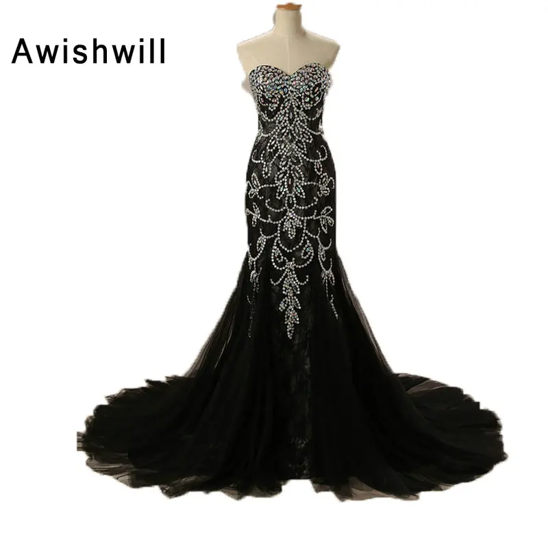 Женское вечернее платье ручной работы длинное черное из тюля с бисером и