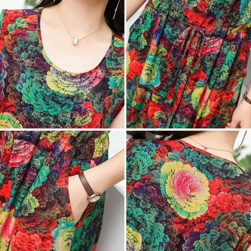 

2019 Women's Summer cotton quality Dress Plus Size Floral Print Vintage Dresses Middle-aged sleeveless Casual Style dress