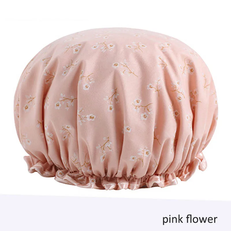 pink flower 1 шт., шапочка для ванной, водонепроницаемая, для душа, покрытие для волос, толстая шапочка для душа, s, двойной слой, для ванной, для женщин, принадлежности, эластичная лента, шапка - Цвет: pink flower