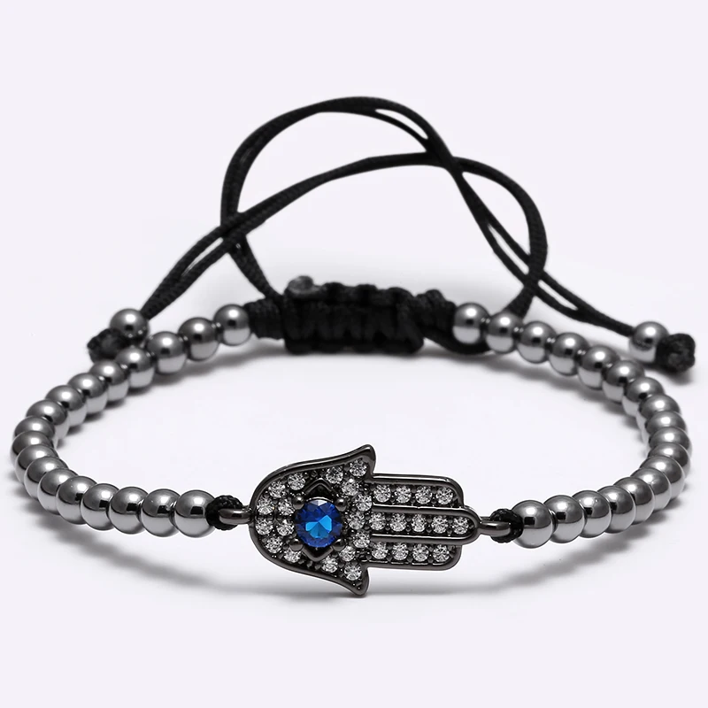 Mcllroy мужские Хамса браслет Micro Pave Шарм Черный CZ Кристалл ручной работы плетеный