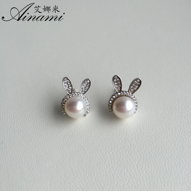 [Ainami] Rabbit Earrings 7-7.5mm Natural Freshwater Pearl Studs 925 Sterling Silver Brand Jewelry Free shiping | Украшения и
