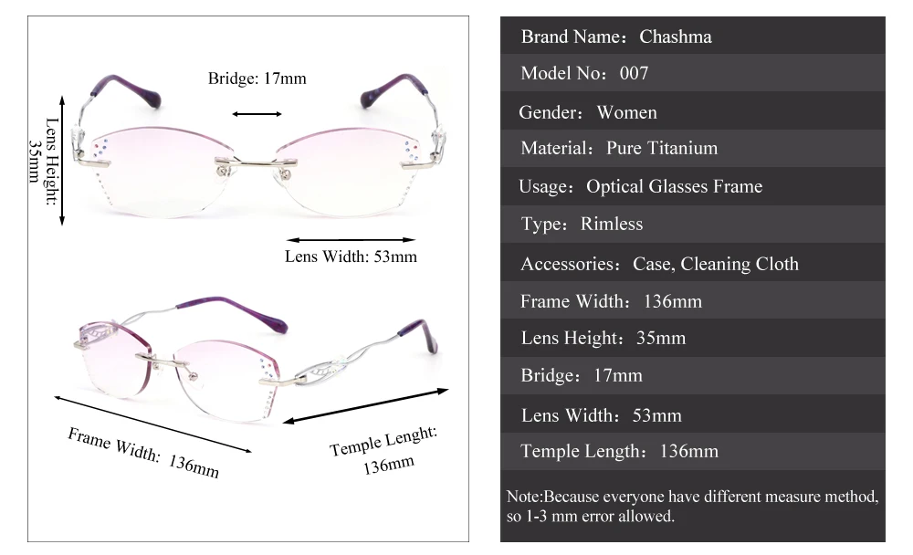 Бренд Chashma, тонированные линзы, модная оправа для очков, lunette de vue femme, без оправы, титановые очки, женские Стразы, серые, Красные линзы