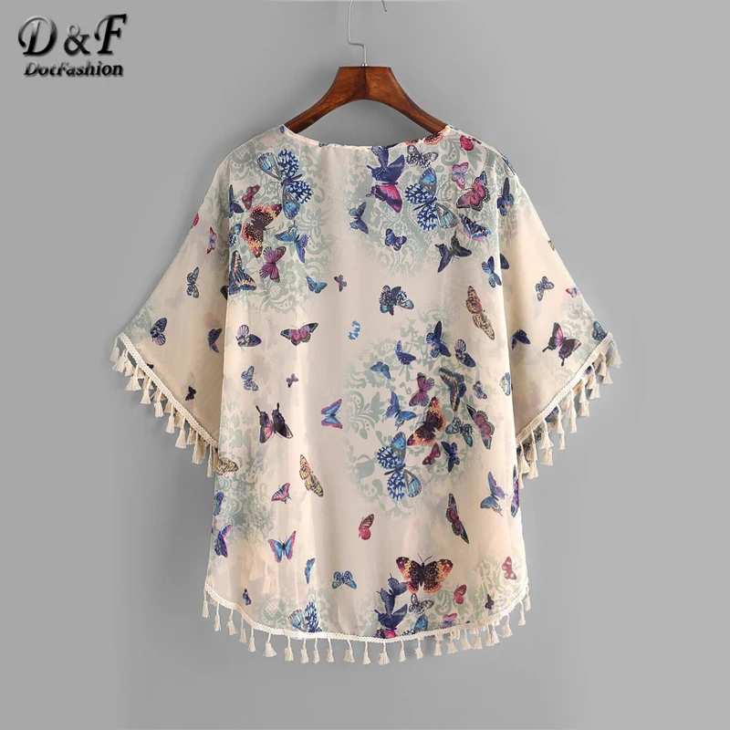 Dotfashion/кимоно с бабочкой и бахромой, Женские топы и блузки, летние повседневные пляжные кимоно с коротким рукавом