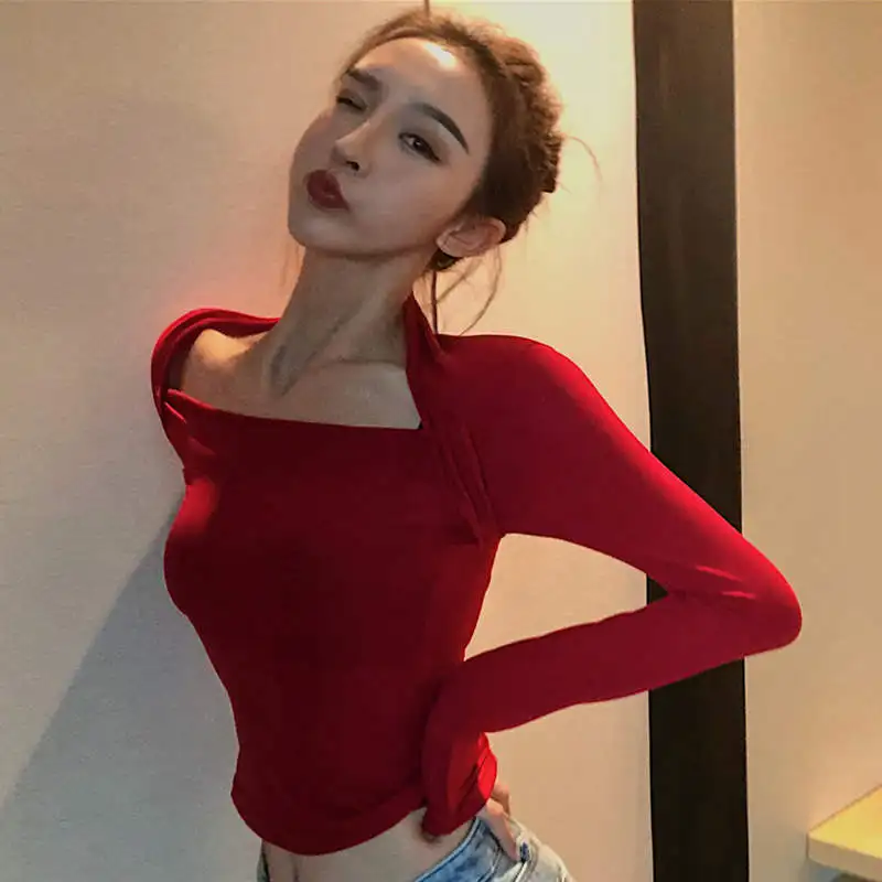 Neploe/Корейская винтажная Приталенная футболка с длинными рукавами, шикарная футболка, топы, Осень-зима, новые футболки, короткий топ, одежда 51667 - Цвет: red