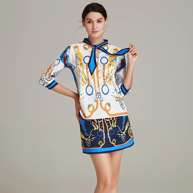 Женский комплект из 2 предметов с принтом блузка коротким рукавом и бантом +