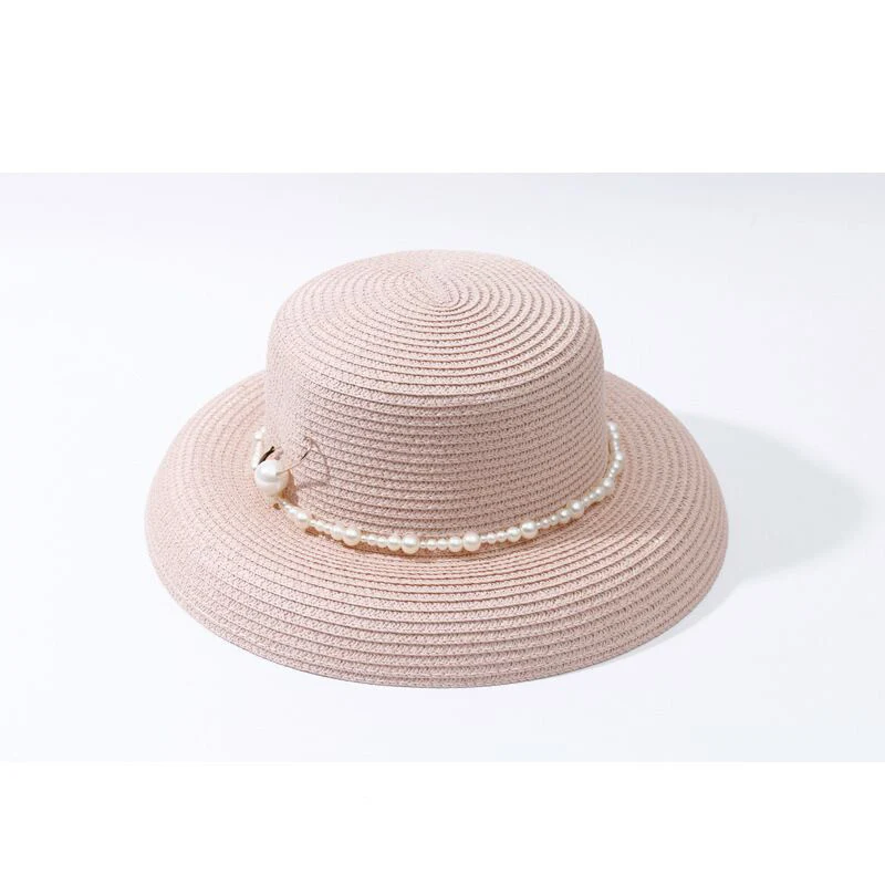 

Ymsaid Elegant Pearl Summer Hepburn Straw Hats Women Round Top Wide Brim Sun Hat UV Protect Floppy Beach Hats Cap Derby Hats