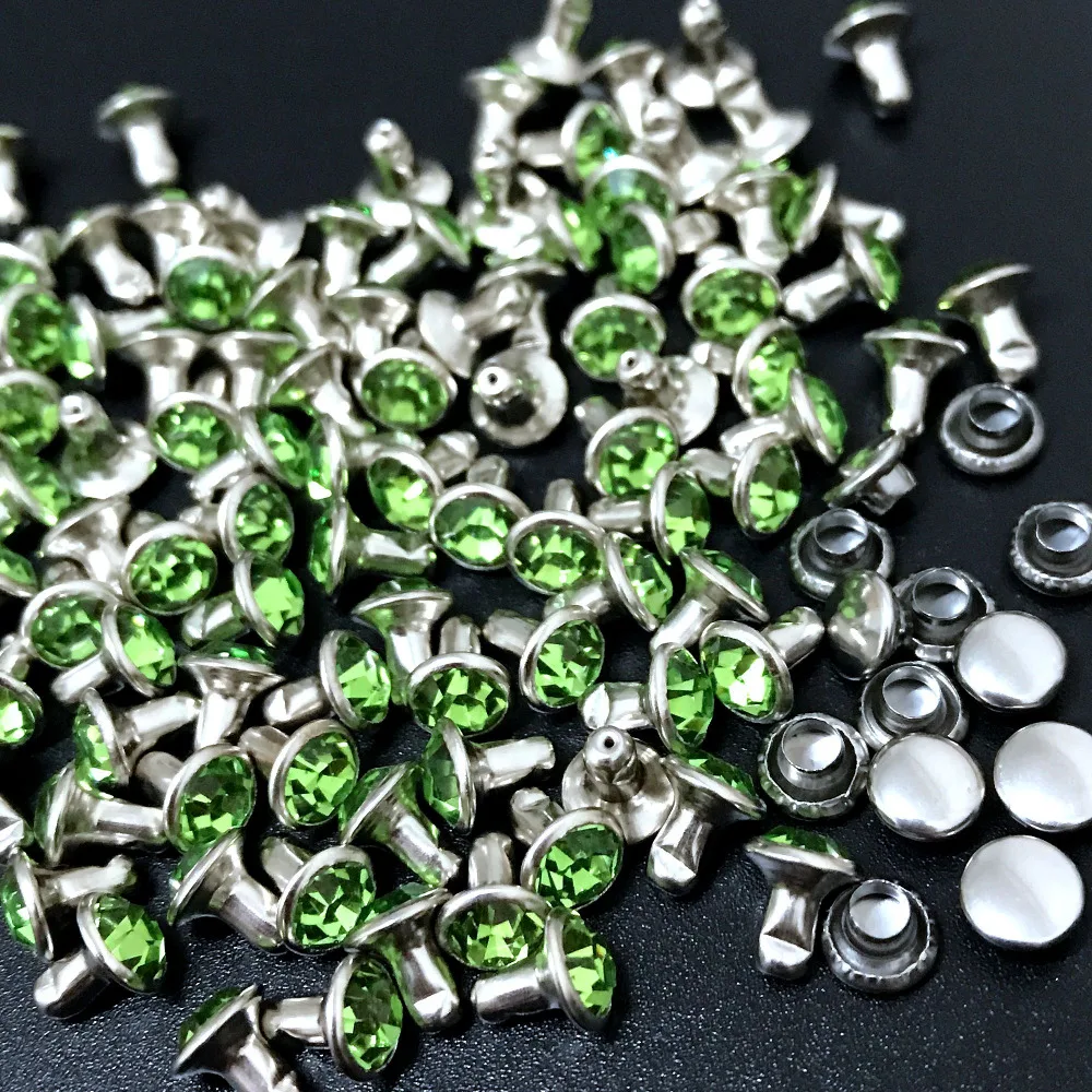 

100Sets 6mm Peridot Green CZ+++ Crystals Rhinestone Rivets Silver Nailhead Green Spots Studs Fit DIY Making Shipping Free