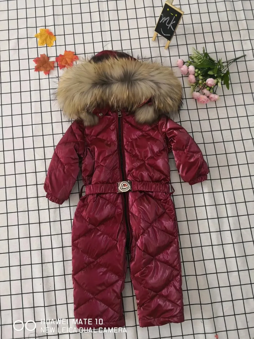 70cm-150cm Real fur hooded baby outergoing Winter children jumpsuit snow suit girl down boy Baby coveralls ski suit