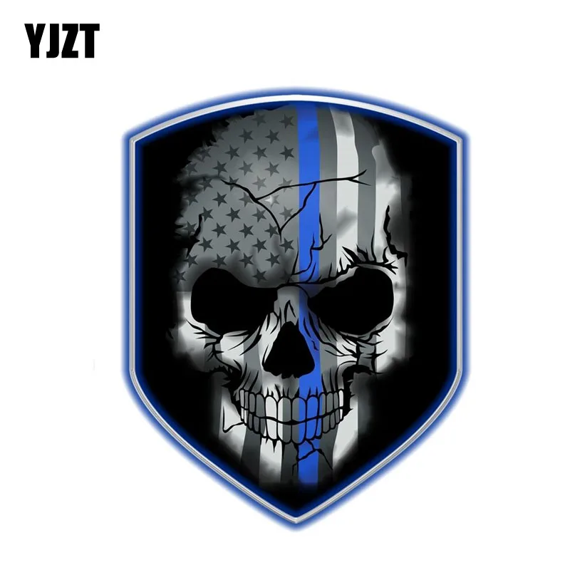YJZT 10.2CM*13CM Personality Reflective Decal Blue Line Skull Shield Decal Skull Car Sticker PVC 6-0403