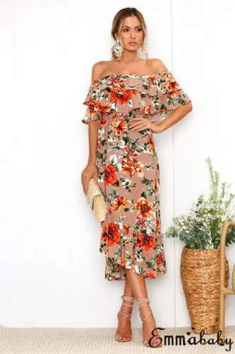 Праздник женщин с открытыми плечами оборками Цветочные платья коротким рукавом