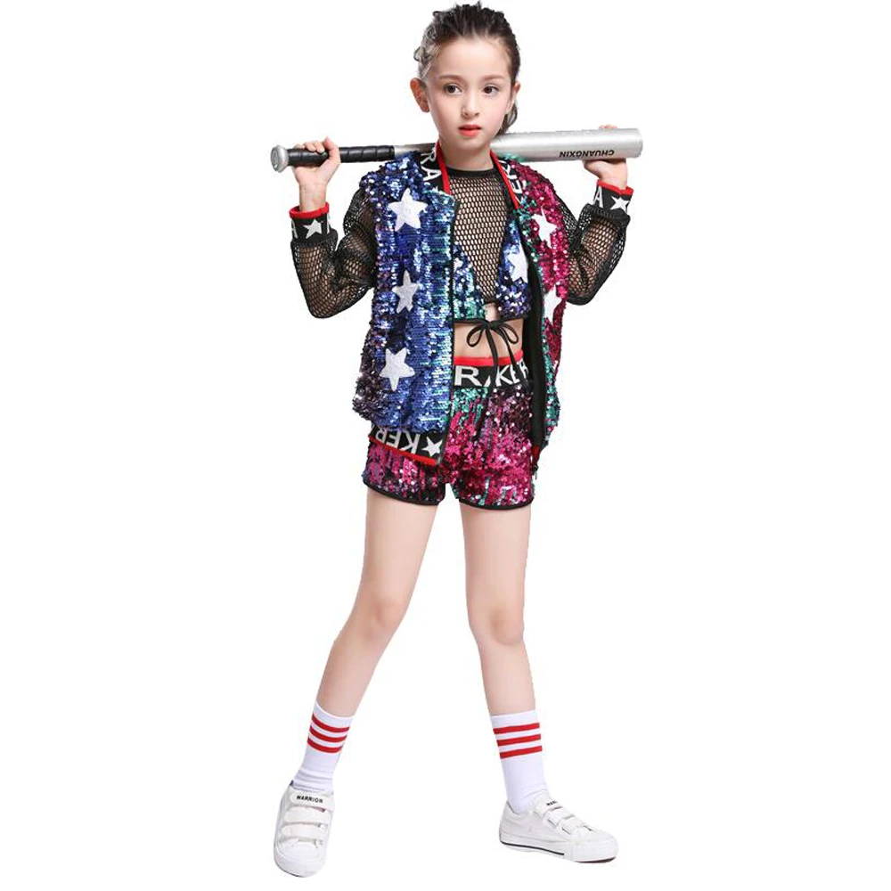 

Girls Ballroom Sequined Modern Jazz Hip Hop Dance Competition Costumes Tops Pants Kid Performance Stage wear Dancing Outfits