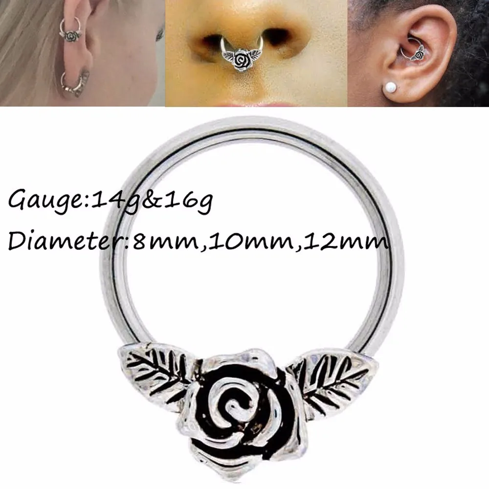 Showlove-1pcs 16 г/14 г розы Stepum нос Clicker кольца пупка губ сосков козелка хрящ кольцо пирсинг украшения для тела