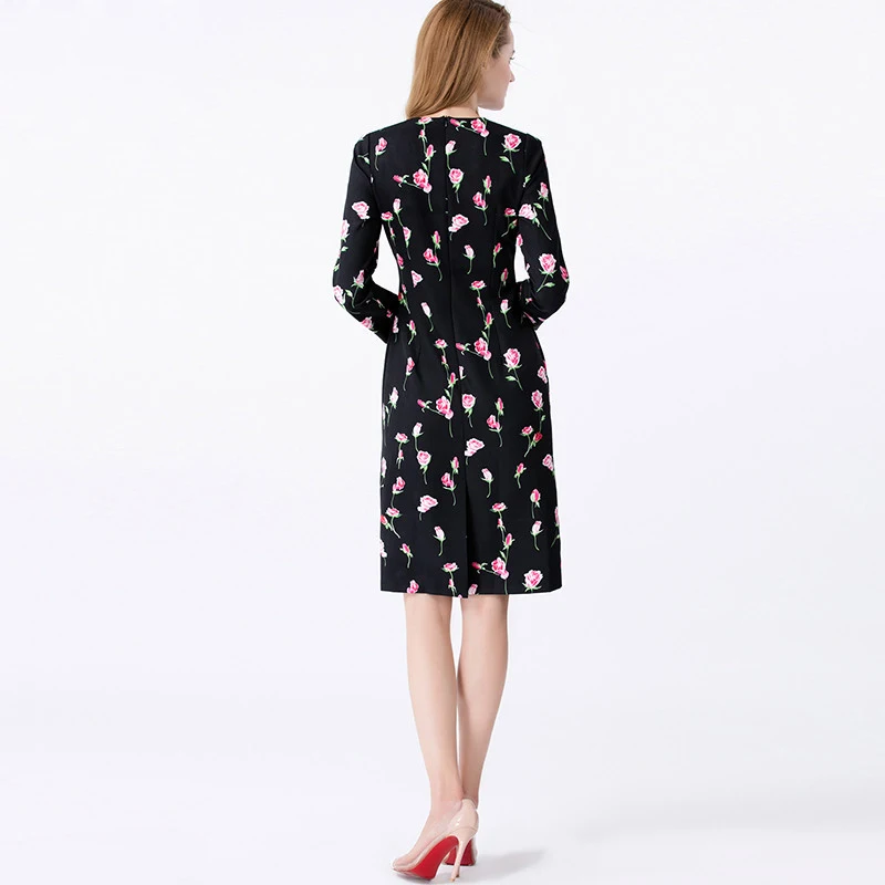 

New 2017 Fashion Runway Dress Women's Long Sleeve Rose Flower Embroidery Applique Printed Sexy Vintage Dress High Quality
