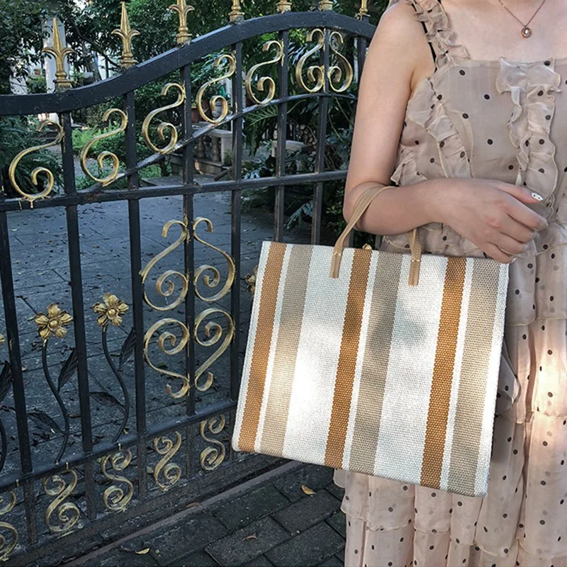 FGGS летняя Холщовая Сумка в полоску простая на плечо для женщин покупок и