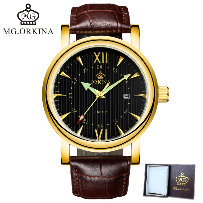 ORKINA светящиеся стрелки мужские часы роскошный ремешок Кварцевые Золотые ободки