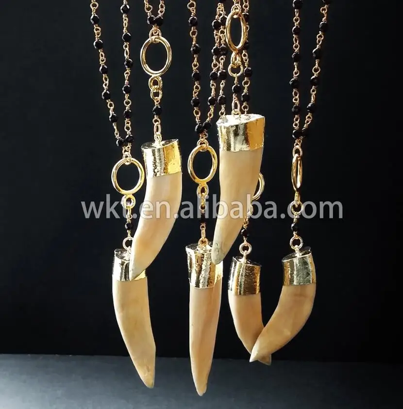 24K Gold Plated Новое поступление натуральный волк зуб ожерелье, ручной работы бусины четки с подвеской ожерелье в 24 k цвет чистого золота - Окраска металла: 24K Gold Plated