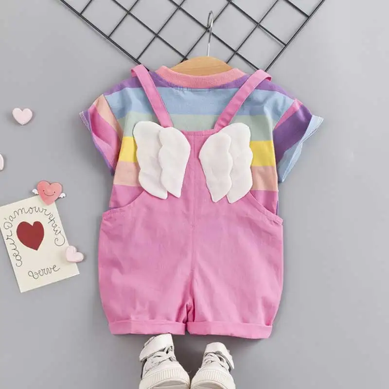 

Toddler Baby Kids Girls Clothing Sets Fashion Rainbow Striped Tops+Small Wings Overalls Short Summer Outfits Set Clothes