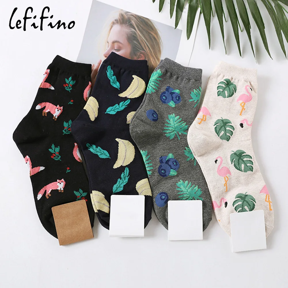 

Women Cute Tropical Plants Palm Leaves Socks Plantain leaf of Japanese banana Fox Flamingos Blueberry Funny Socks Girls Le66440