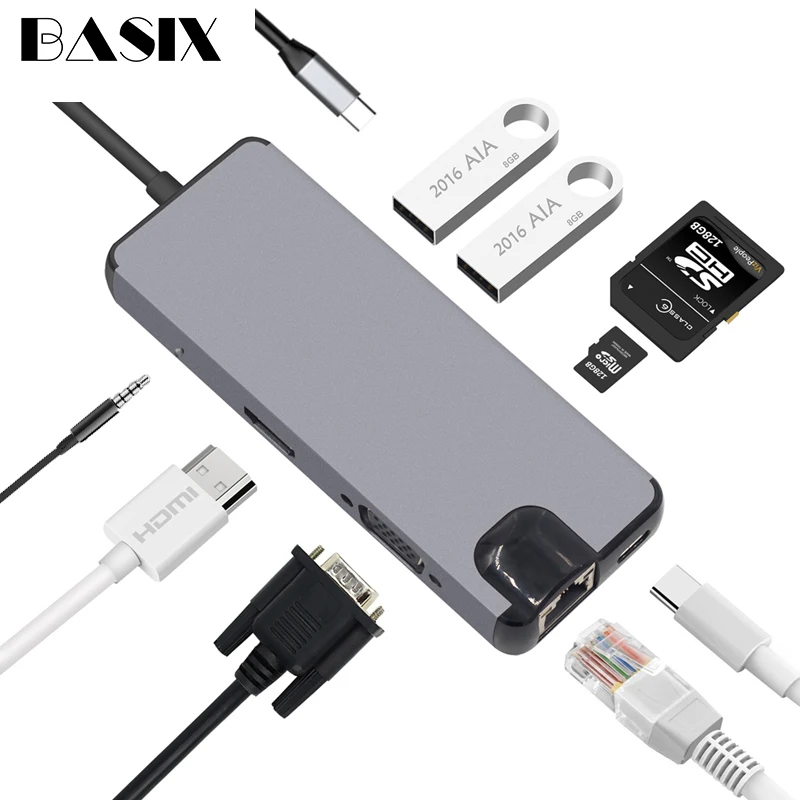 

Basix USB-C HUB Type C HUB to USB3.0 Thunderbolt 3 HDMI-compatible 3.5mm RJ45 Adapter for MacBook Pro Samsung GalaxyS9 USB C HUB