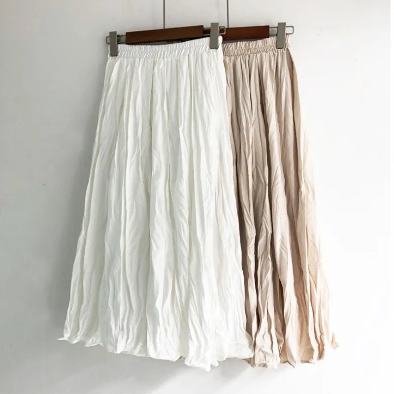 

Women Skirt Summer Fashion Designer Wrinkle Ruched High Waist A Line Saias Female Solid Color Cotton Skirt faldas mujer moda