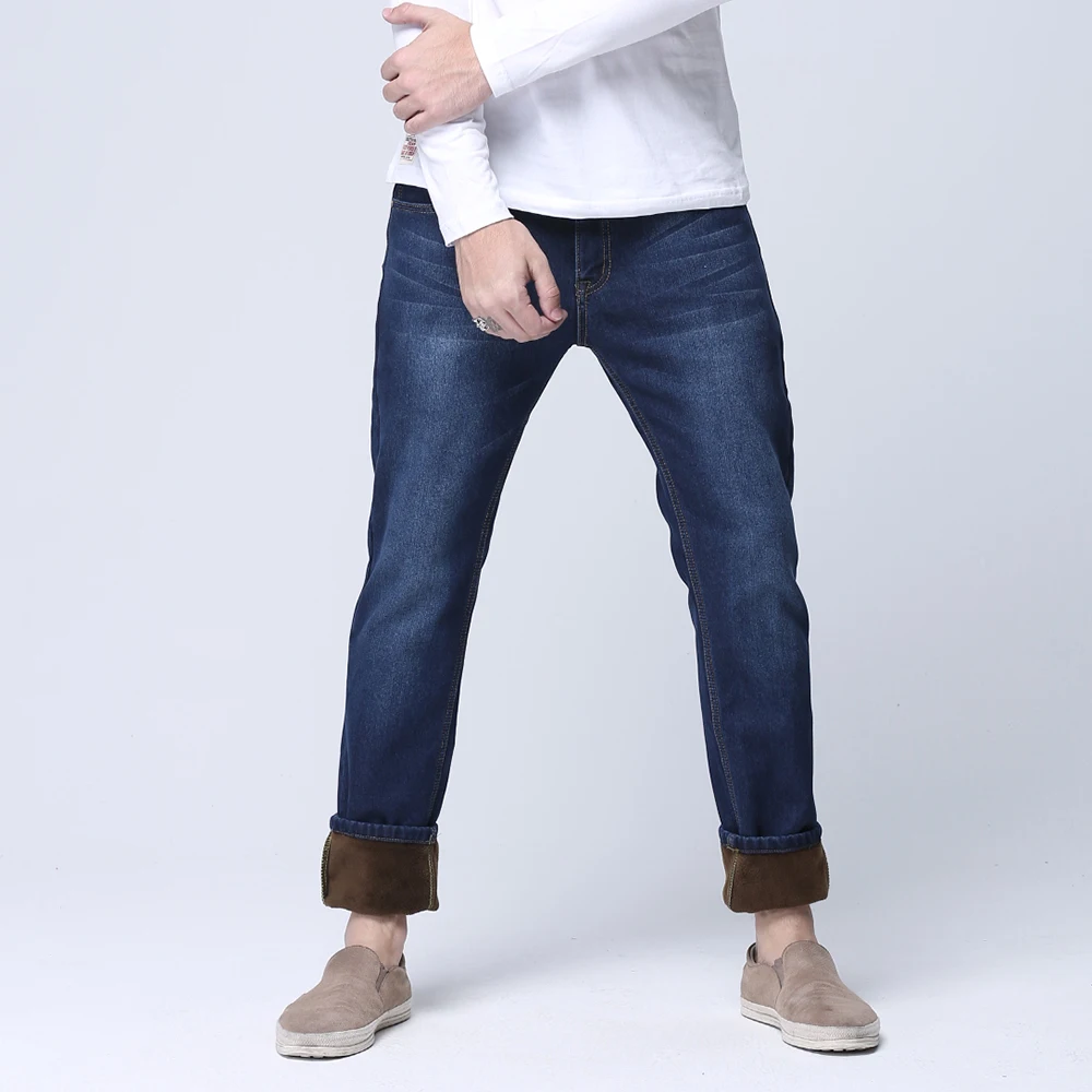 Лидер продаж зимние теплые мужские облегающие прямые джинсы повседневные
