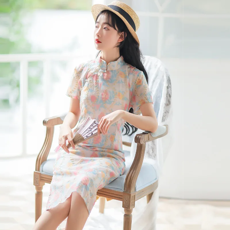 Китайское платье Ципао hanfu летнее с коротким рукавом Китайская традиционная