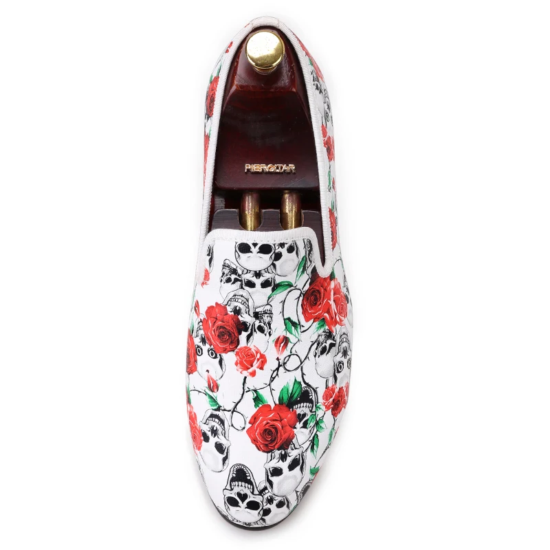 Piergitar 2017 New style Skull and Flowers Prints white color men shoes Fashion smoking slipper Wedding Party men's loafers | Обувь