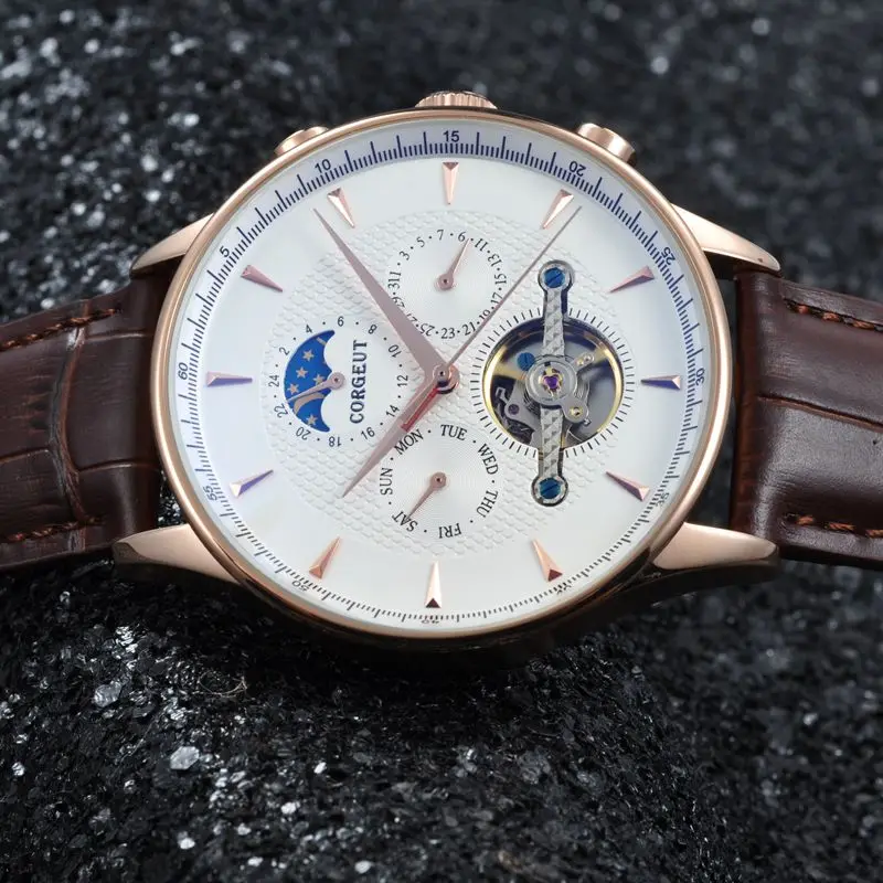 Corgeut 44 мм роскошные часы с купольным стеклом фазой Луны Rosegold стрелки дата и день