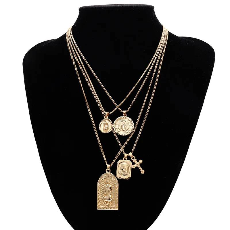 SHIXIN Boho, 4 шт., разделяемая длинная многослойная цепочка, колье, ожерелье для женщин, крест, Бог, Дева Мэри, модное ювелирное изделие для женщин - Окраска металла: Golden