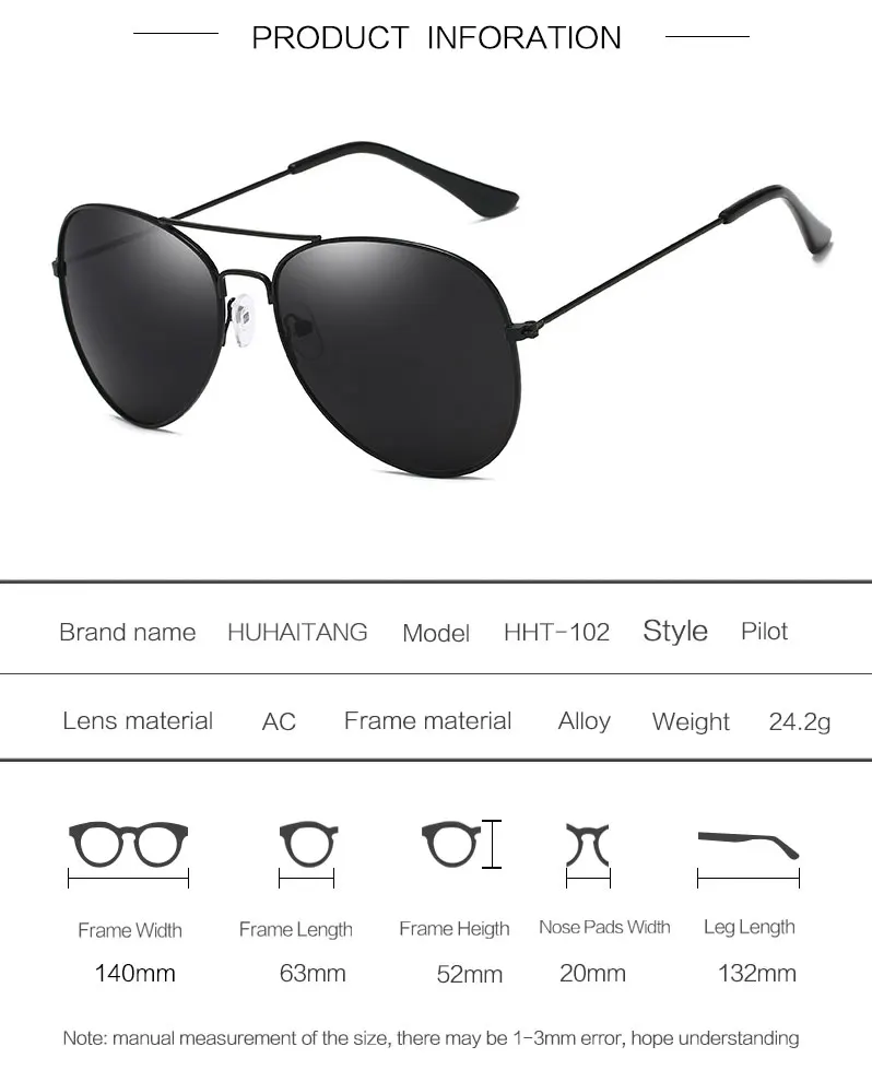 HUHAITANG Classic Aviation Mens Sunglasses Women Luxury Brand Pilot Sun Glasses Mens Designer High Quality Sunglases For Womens