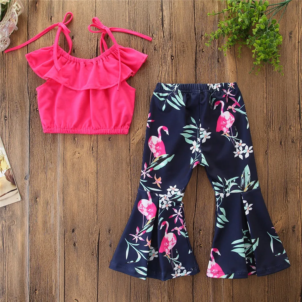 2Pcs Toddler Baby Kids Girls Solid Off Shoulder Tops + Floral Pants Set Outfits Child Summer |