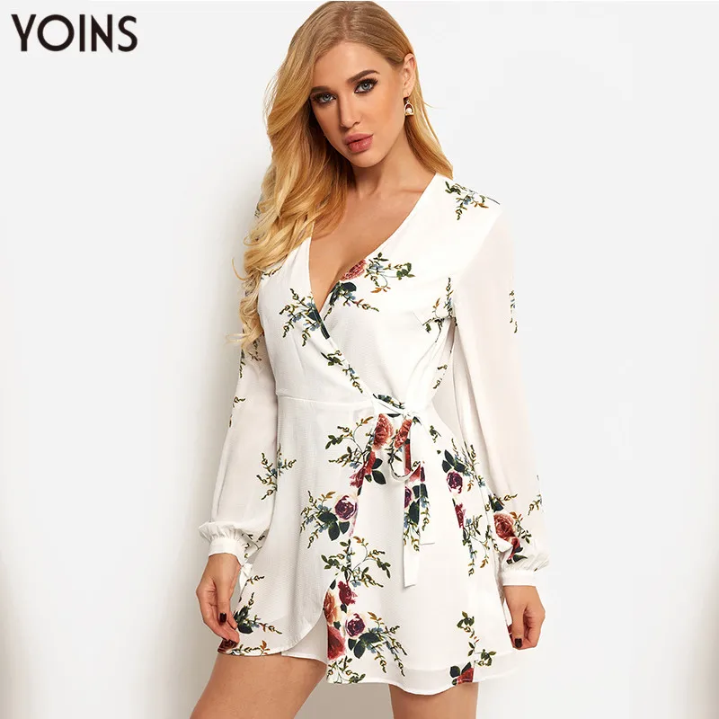 YOINS 2019 Летнее осеннее женское платье Винтажное Белое цветочное с v-образным