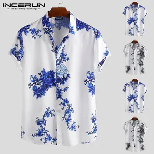 Рубашка INCERUN мужская с цветочным принтом, воротником с отворотом и коротким рукавом, приталенная, в китайском стиле, топы в стиле ретро, повседневные брендовые рубашки, 2022, 5XL